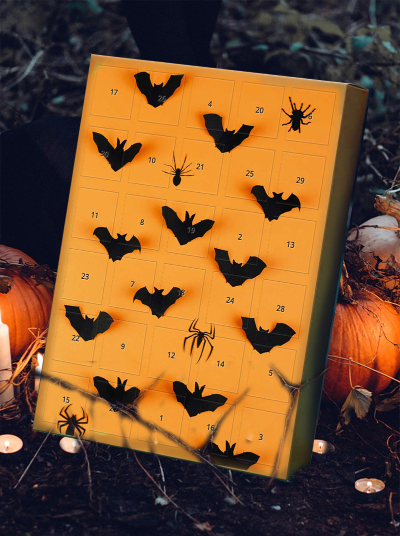 Illustration of a digital Halloween countdown calendar with 30 doors